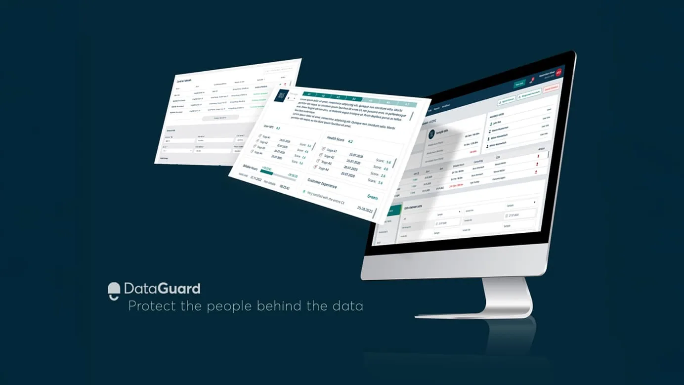 The DataGuard platform on a monitor, with contract details, a health score and a customer experience card from the reporting view in front of it, under the line: protect the people behind the data.