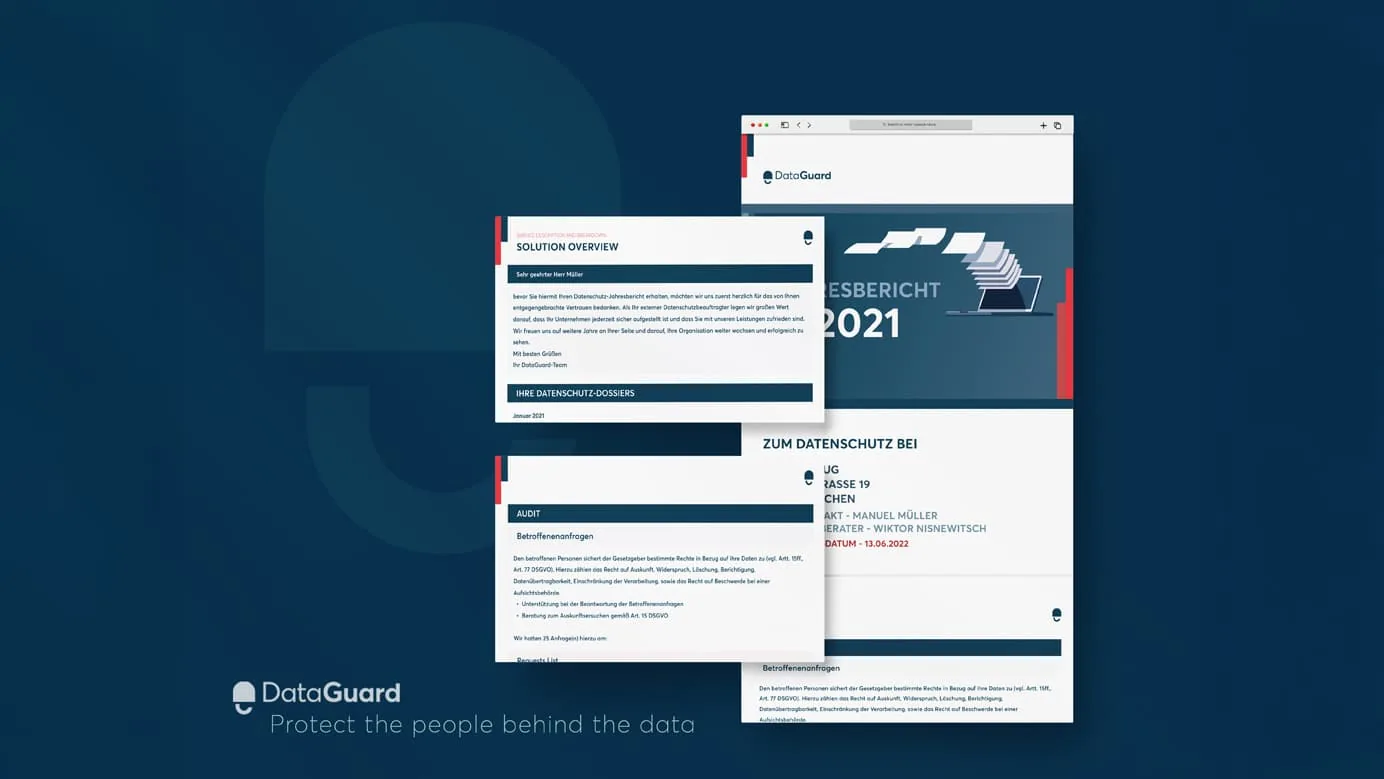 The DataGuard annual privacy report for 2021, with the solution overview letter and the data subject request pages beside it, in German.