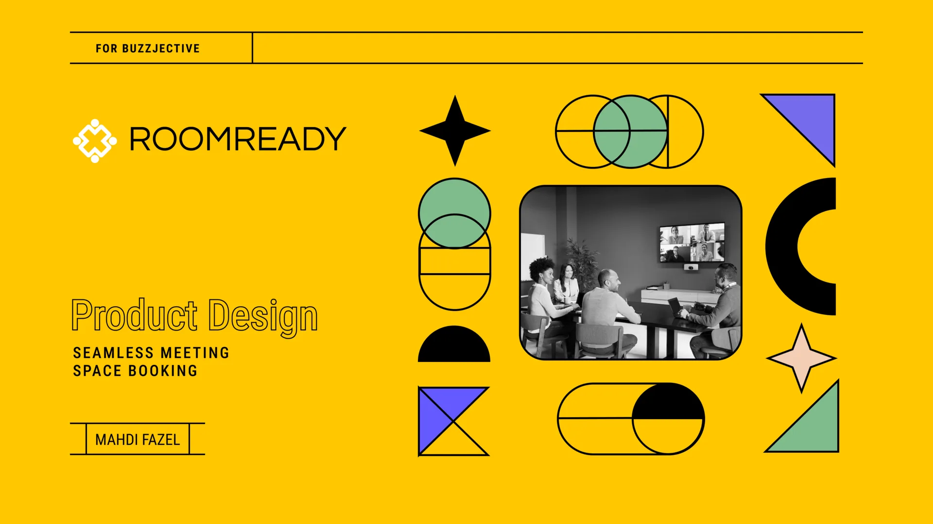 The RoomReady cover: product design for seamless meeting space booking, for Buzzjective, with a photo of a team meeting among geometric shapes.