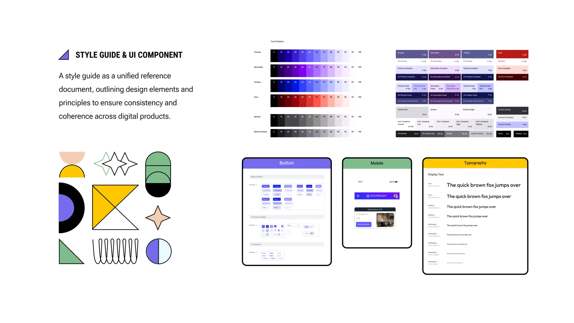 The style guide and UI components: colour ramps, the button matrix, mobile components and typography, beside the brand shapes.
