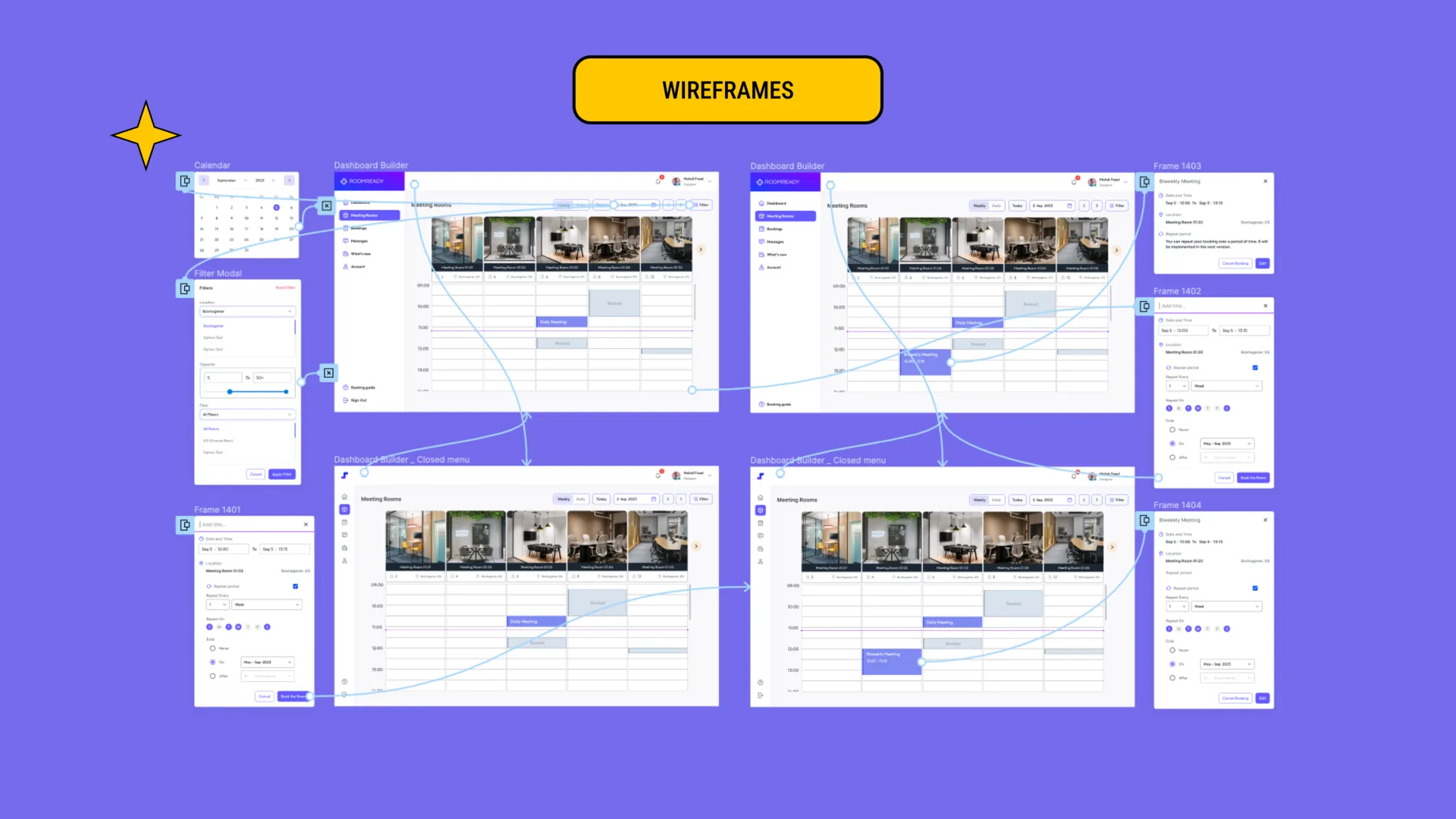Wireframes in Figma: the room schedule views and their detail panels, with prototype links between the frames.
