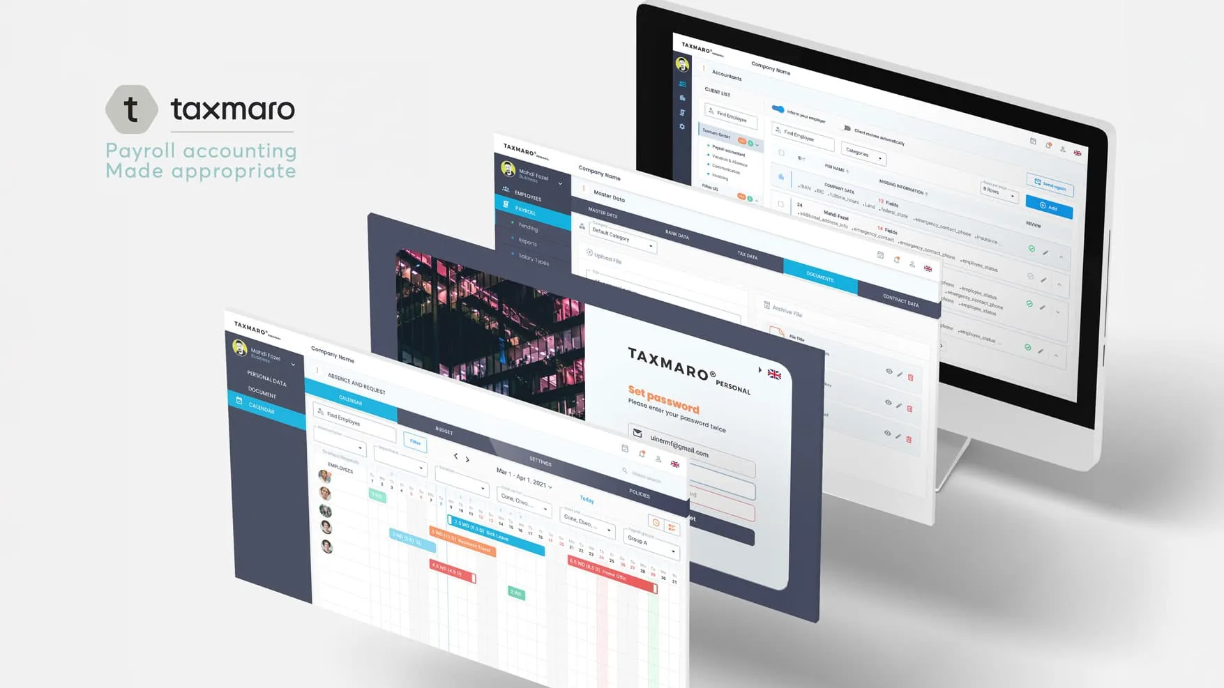 The Taxmaro desktop product: the employee assignments view on a monitor, with payroll master data, the set password screen and the absence and request calendar layered in front, under the line: payroll accounting made appropriate.