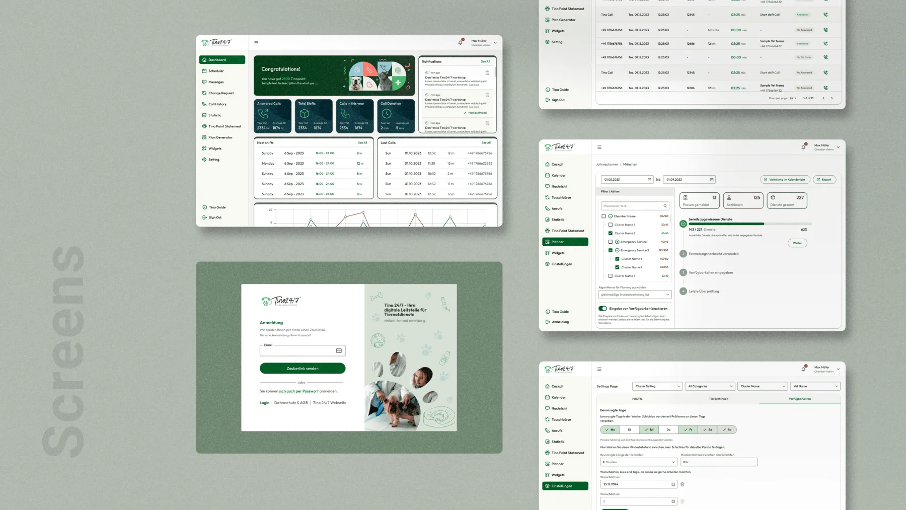 Screens from the shipped product: the dashboard, the call history table, the login, the year planner and the availability settings.
